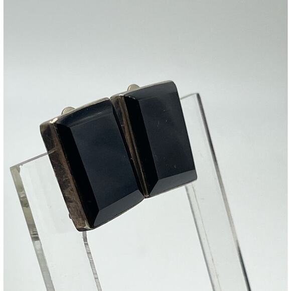 Rectangle Black Glass and 925 Mexico Sterling Silver Clip on Earrings - Picture 5 of 16